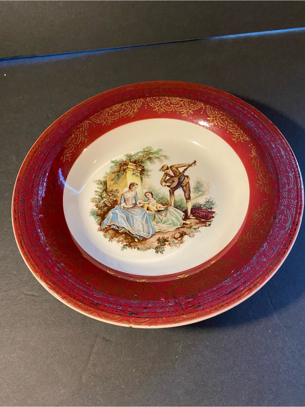 Vintage Sebring Pottery Co “Serenade” Ceramic Soup Bowl 22k Gold & Burgundy Rim